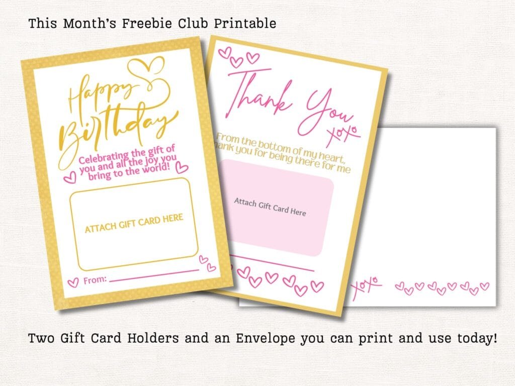 Two printable gift cards and envelope template
